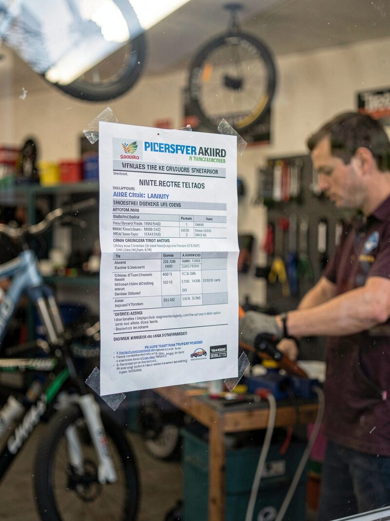 A paper race flyer taped inside a bike shop window, a mechanic visible working inside, soft reflections on the glass