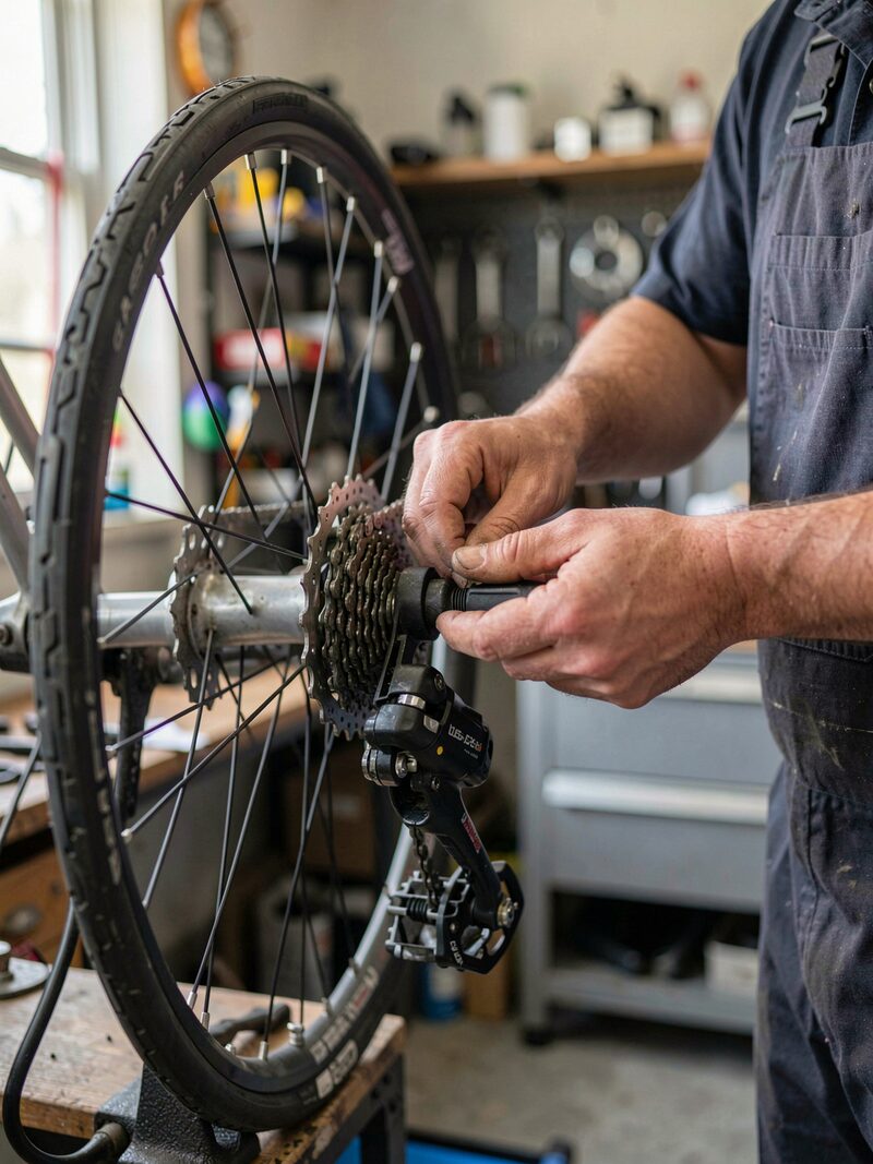 A paper race flyer taped inside a bike shop window, a mechanic visible working inside, soft reflections on the glass