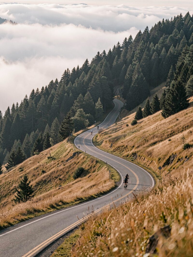 A long mountain road curving up through golden grass and dark green trees above a fog bank, tiny cyclists on the grade