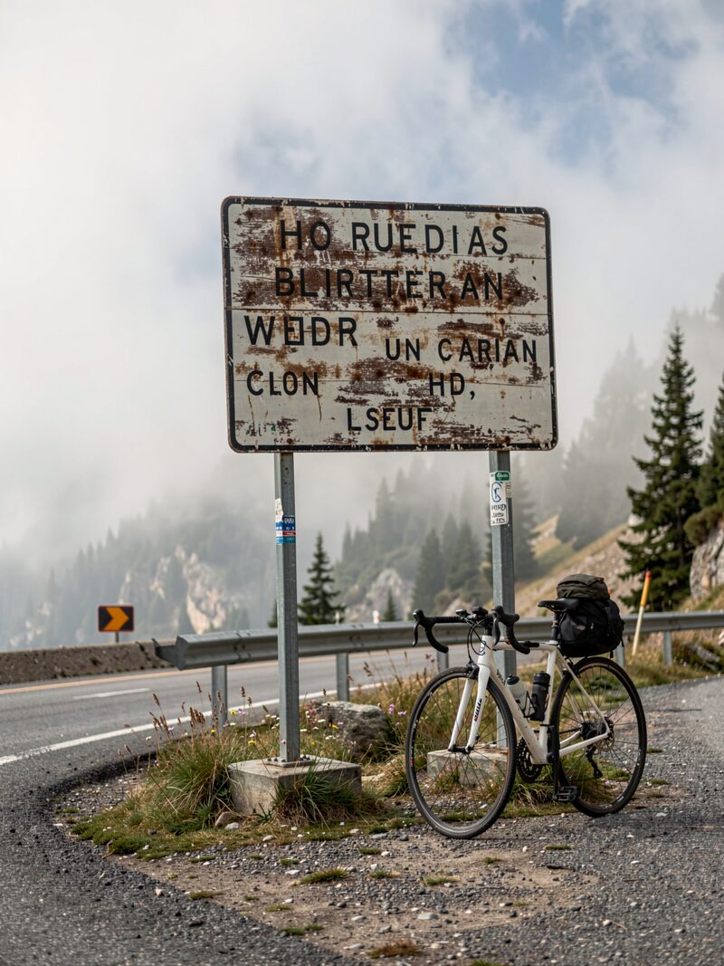 A long mountain road curving up through golden grass and dark green trees above a fog bank, tiny cyclists on the grade