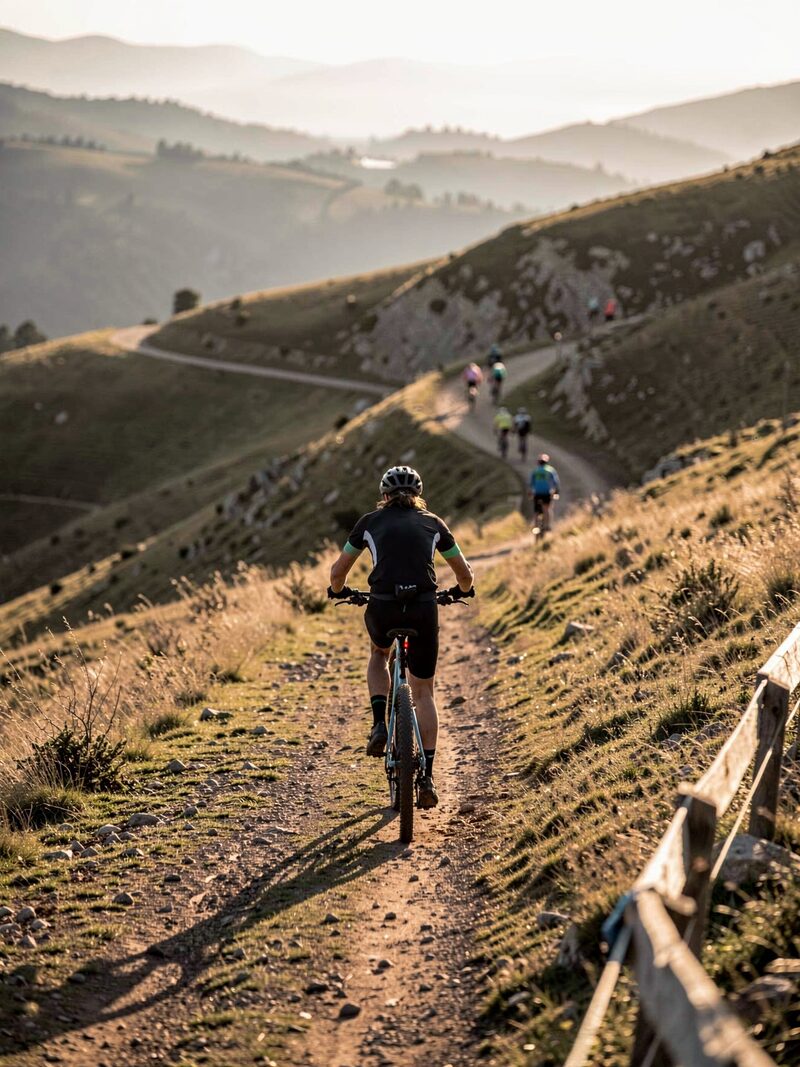 A single cyclist alone on a climb watching the group disappear around a bend far ahead, late afternoon light, long shadows